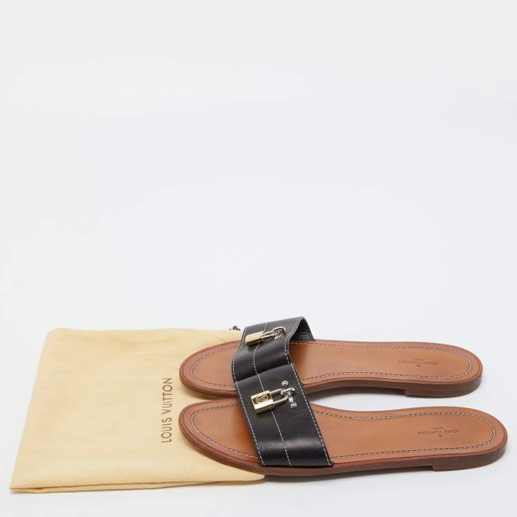 Pre Owned Louis Vuitton Black Leather Lock It Flat Slides Size 38