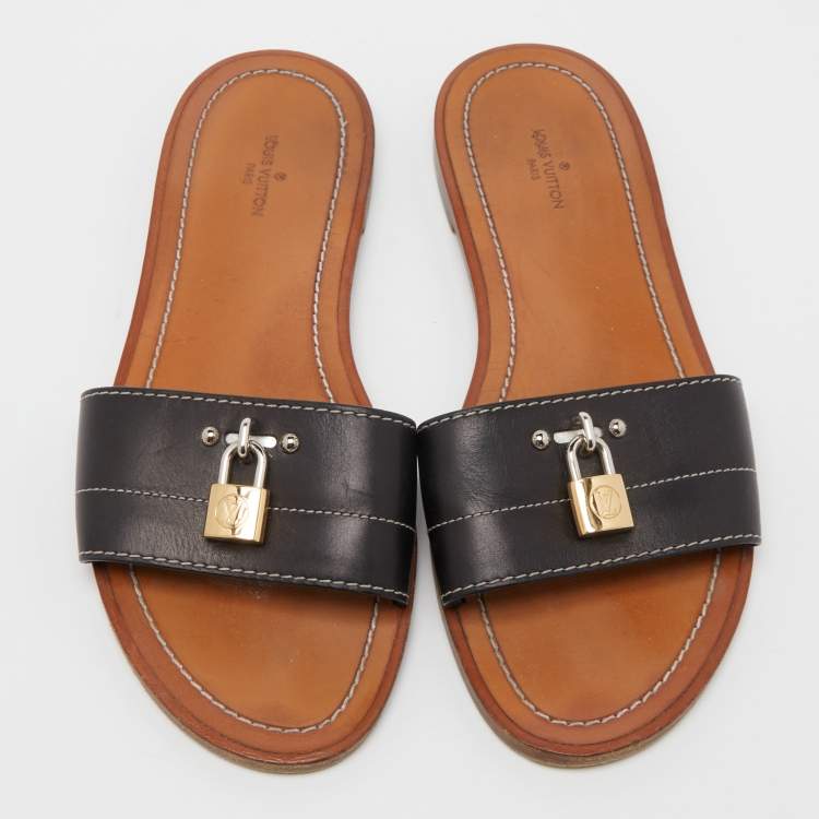 Pre Owned Louis Vuitton Black Leather Lock It Flat Slides Size 38