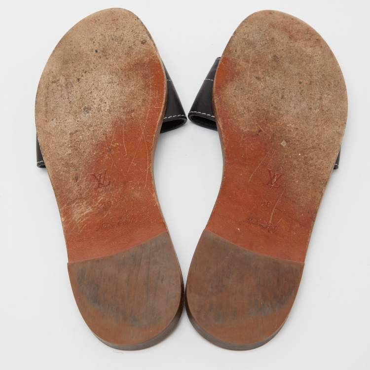 Pre Owned Louis Vuitton Black Leather Lock It Flat Slides Size 38