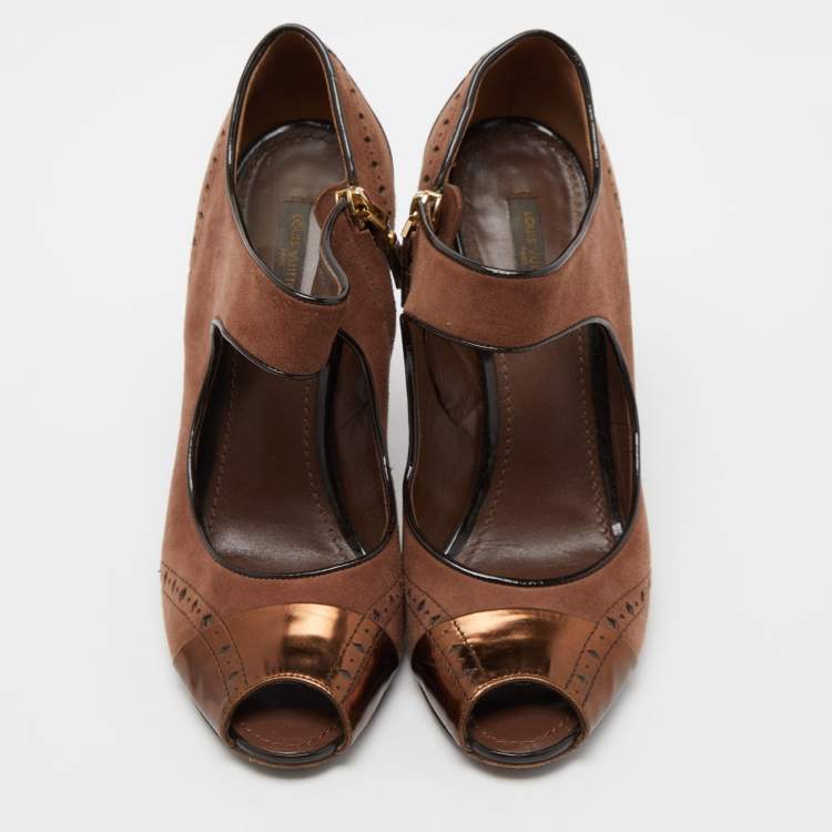 Pre Owned Louis Vuitton Brown Leather and Suede Peep Toe Sandals Size 39