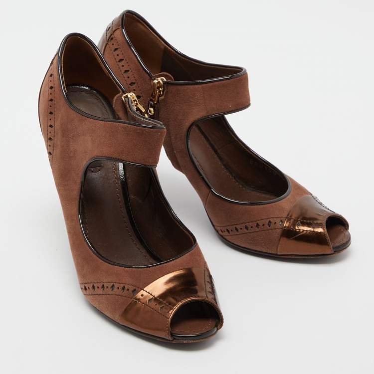 Pre Owned Louis Vuitton Brown Leather and Suede Peep Toe Sandals Size 39
