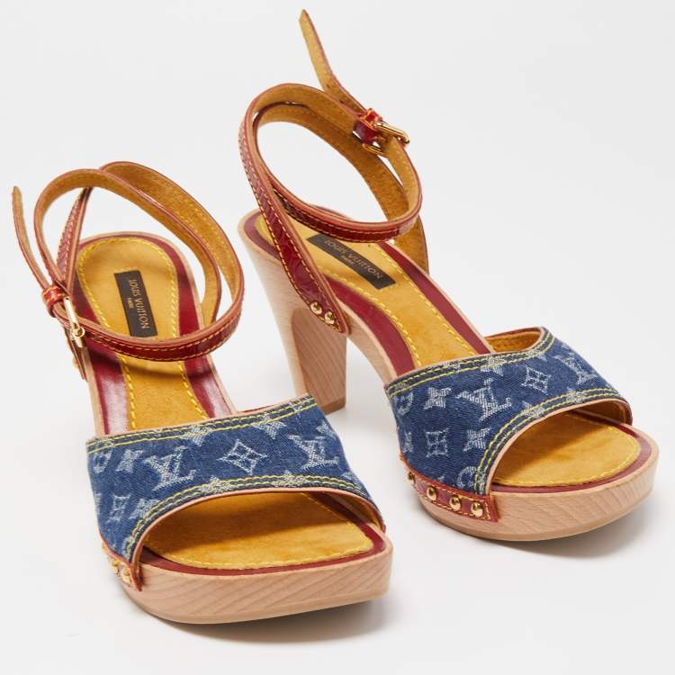 Pre Owned Louis Vuitton Blue/Red Leather and Monogram Denim Ankle Strap Sandals Size 36.5