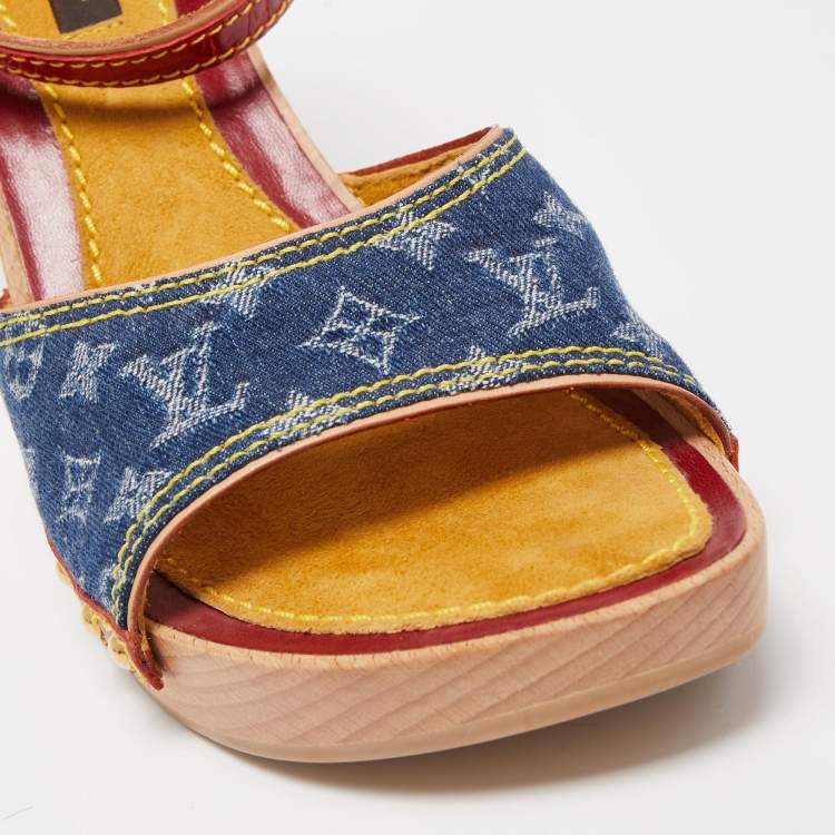 Pre Owned Louis Vuitton Blue/Red Leather and Monogram Denim Ankle Strap Sandals Size 36.5