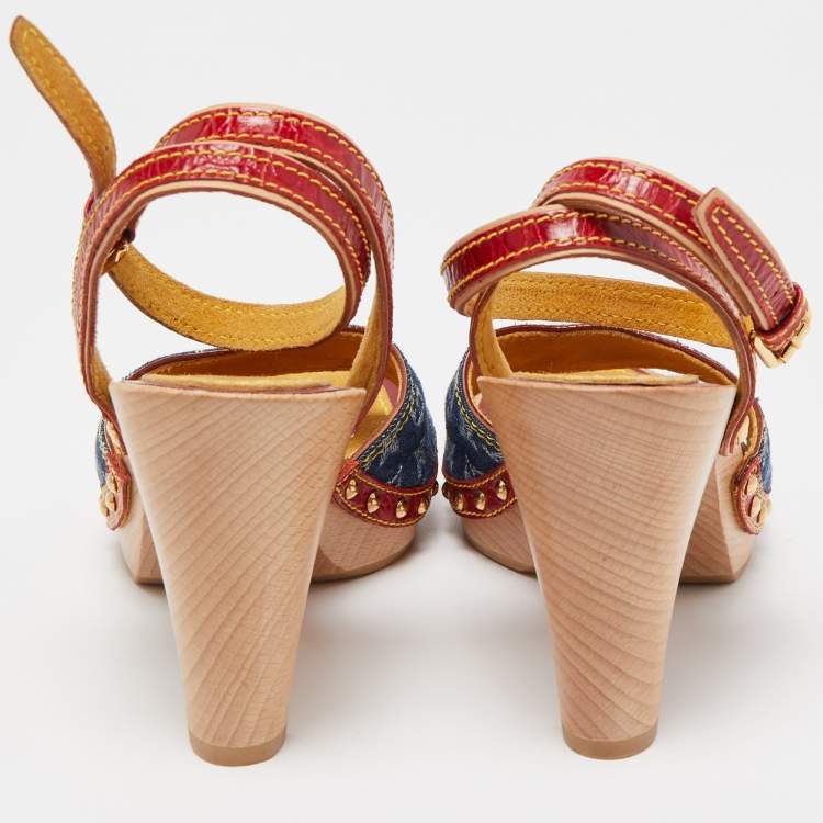 Pre Owned Louis Vuitton Blue/Red Leather and Monogram Denim Ankle Strap Sandals Size 36.5