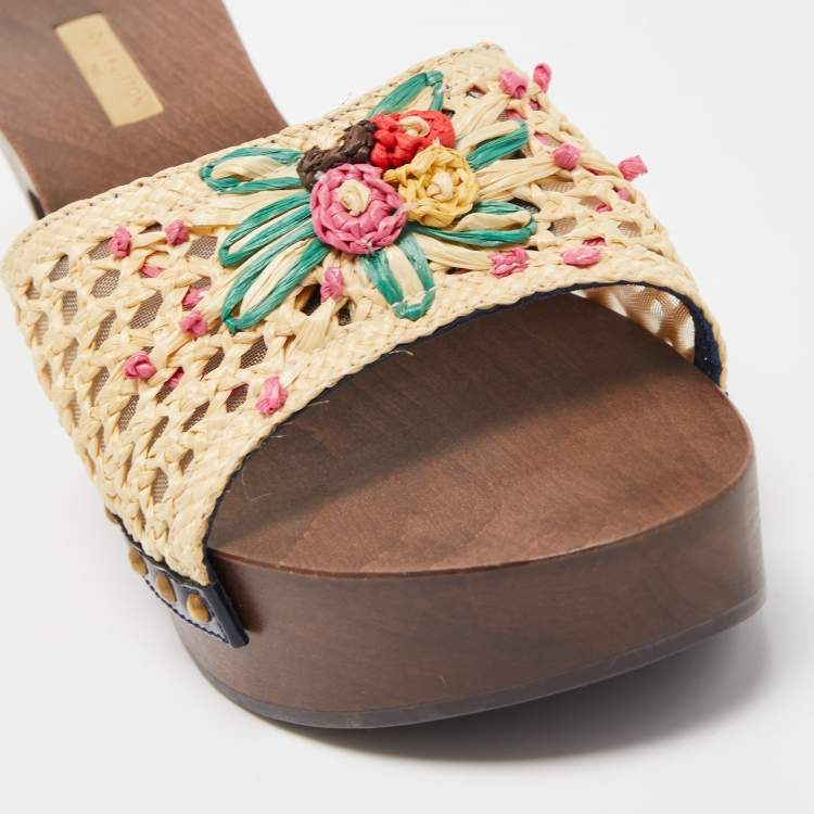 Pre Owned Louis Vuitton Cream Raffia and Net Clog Size 38 