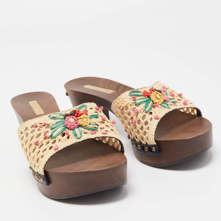 Pre Owned Louis Vuitton Cream Raffia and Net Clog Size 38 