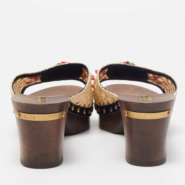 Pre Owned Louis Vuitton Cream Raffia and Net Clog Size 38 