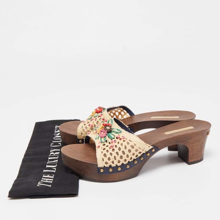 Pre Owned Louis Vuitton Cream Raffia and Net Clog Size 38 