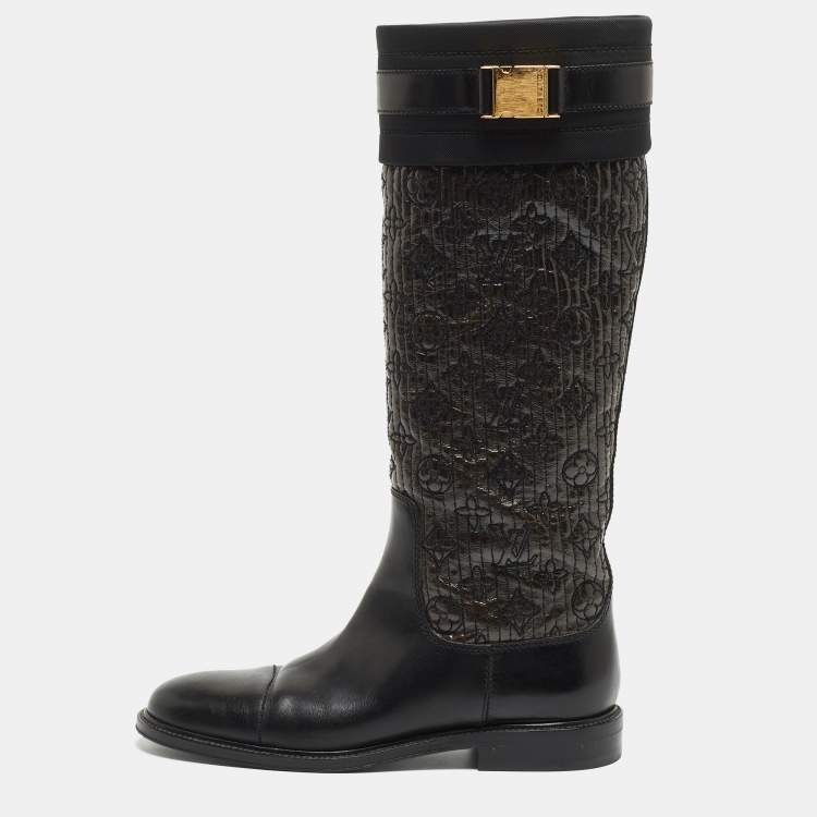 Louis Vuitton Black/Brown Monogram Leather Knee Length Boots Size