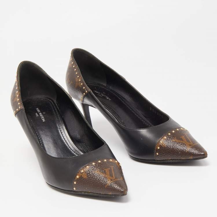 Pre Owned Louis Vuitton Brown/Black Leather and Monogram Canvas Studded Cap Toe Pumps Size 37
