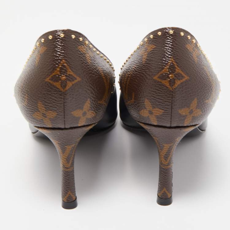 Pre Owned Louis Vuitton Brown/Black Leather and Monogram Canvas Studded Cap Toe Pumps Size 37