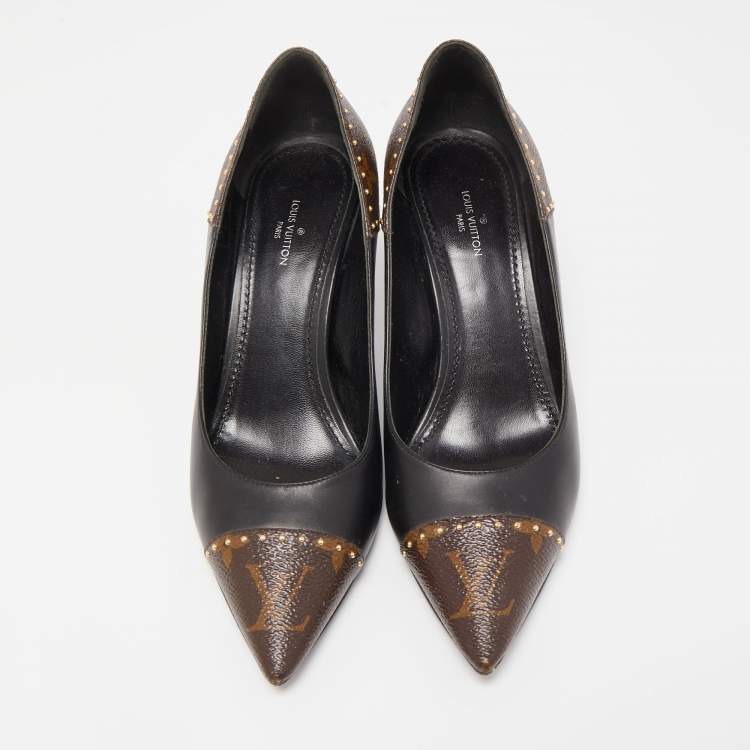 Pre Owned Louis Vuitton Brown/Black Leather and Monogram Canvas Studded Cap Toe Pumps Size 37