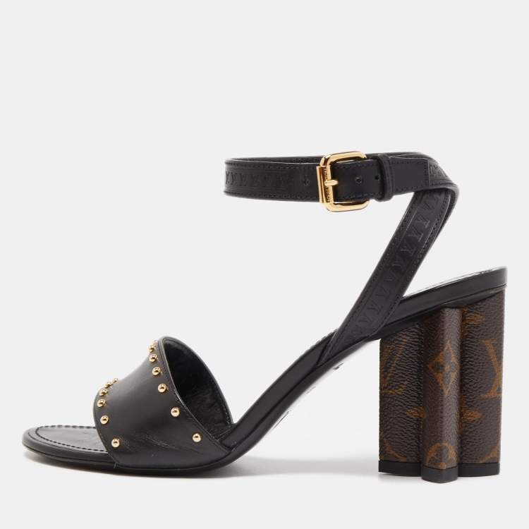 Pre Owned Louis Vuitton Black Leather and Monogram Canvas Silhouette Sandals Size 37.5