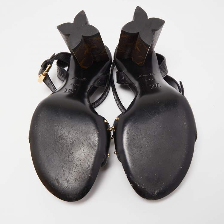 Pre Owned Louis Vuitton Black Leather and Monogram Canvas Silhouette Sandals Size 37.5