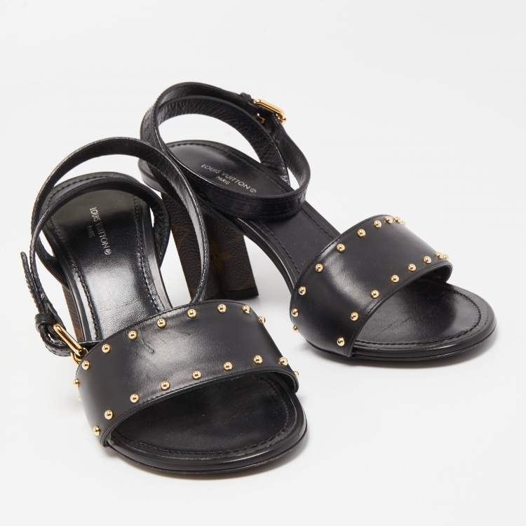 Pre Owned Louis Vuitton Black Leather and Monogram Canvas Silhouette Sandals Size 37.5