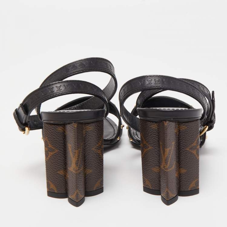 Pre Owned Louis Vuitton Black Leather and Monogram Canvas Silhouette Sandals Size 37.5