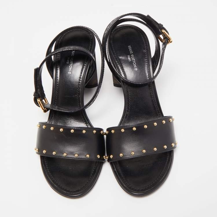 Pre Owned Louis Vuitton Black Leather and Monogram Canvas Silhouette Sandals Size 37.5