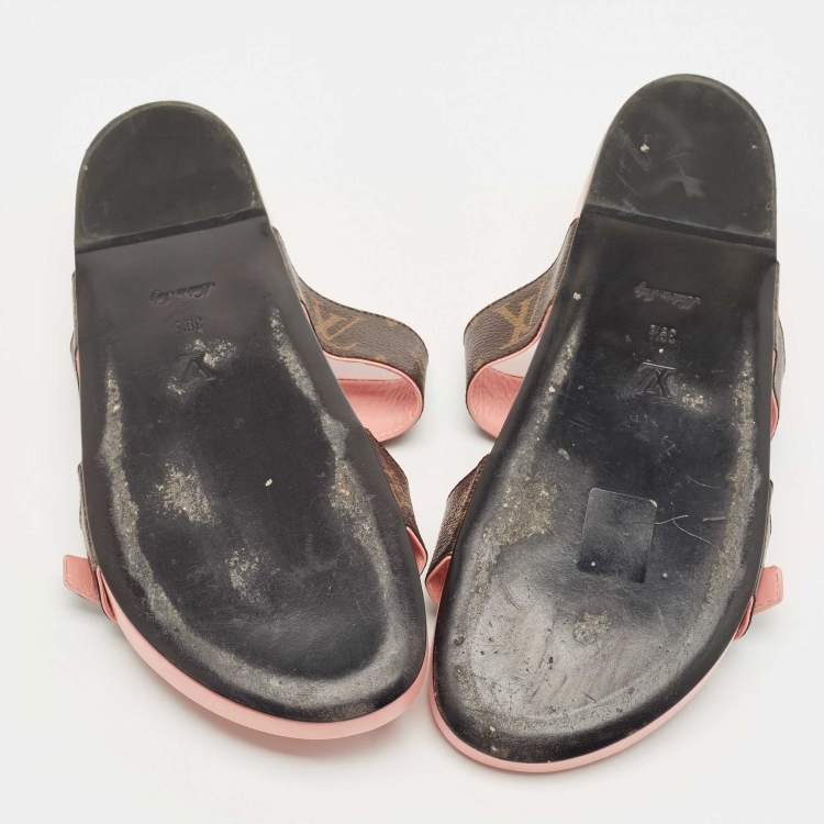 Pre Owned Louis Vuitton Brown Monogram Canvas Buckle Bom Dia Slides Size 39.5