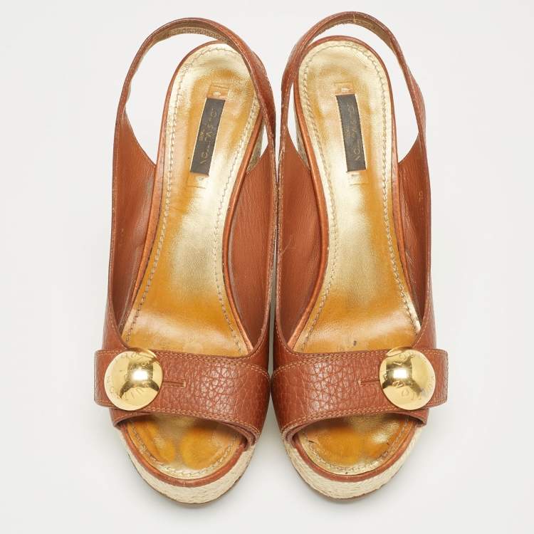 Pre Owned Louis Vuitton Brown Leather Wedge Platform Espadrille Slingback Sandals Size 39.5