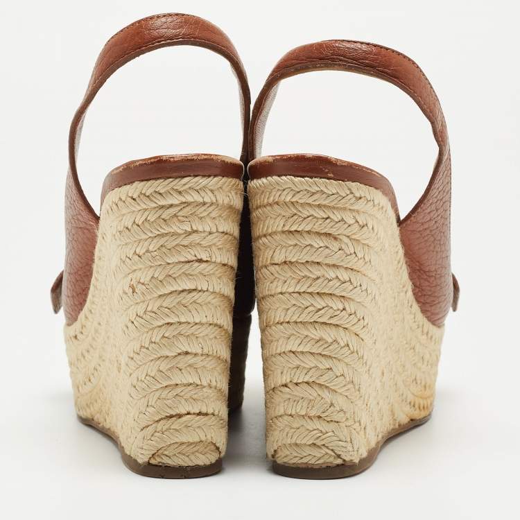 Pre Owned Louis Vuitton Brown Leather Wedge Platform Espadrille Slingback Sandals Size 39.5