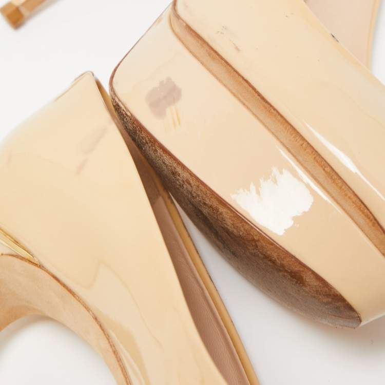 Pre Owned Louis Vuitton Beige Patent Leather Eyeline Peep Toe Pumps Size 38