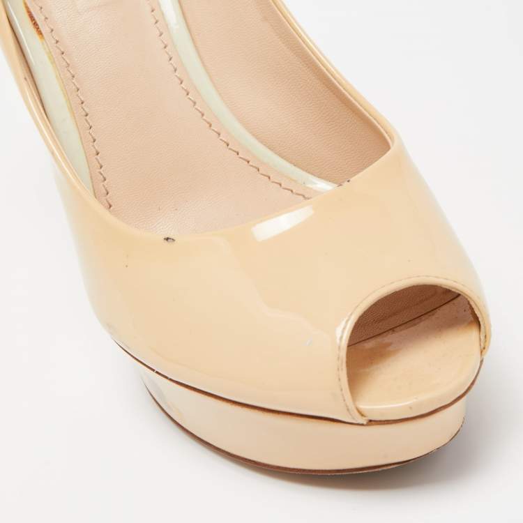 Pre Owned Louis Vuitton Beige Patent Leather Eyeline Peep Toe Pumps Size 38
