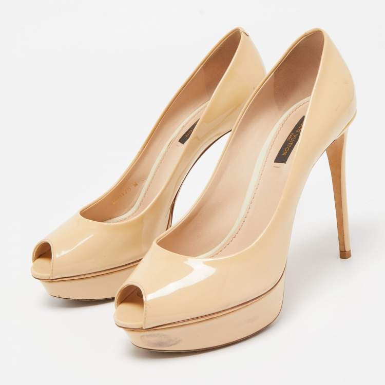 Pre Owned Louis Vuitton Beige Patent Leather Eyeline Peep Toe Pumps Size 38