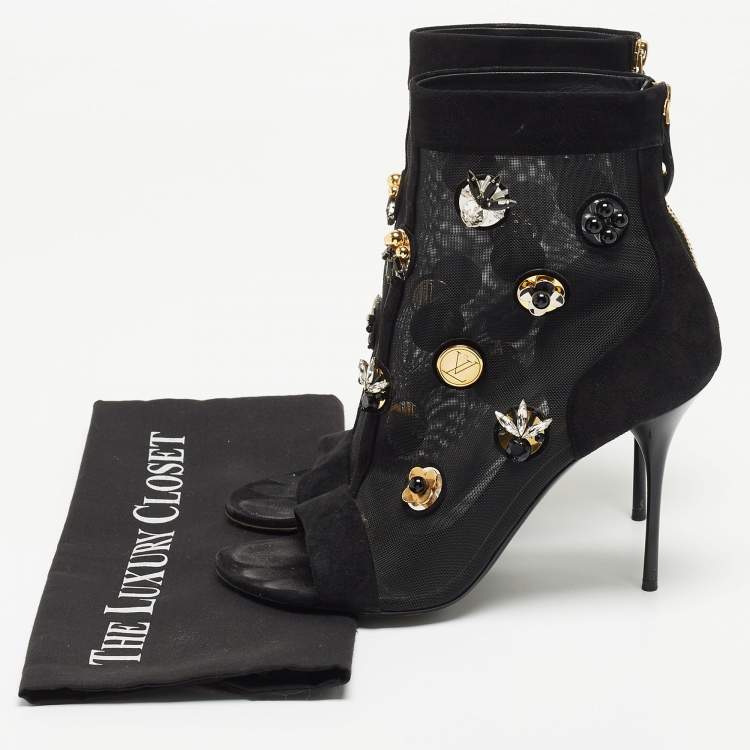 Pre Owned Louis Vuitton Black Mesh and Suede Embellished Open Toe Booties Size 39