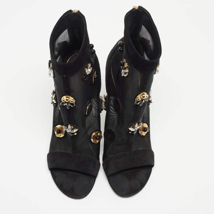 Pre Owned Louis Vuitton Black Mesh and Suede Embellished Open Toe Booties Size 39