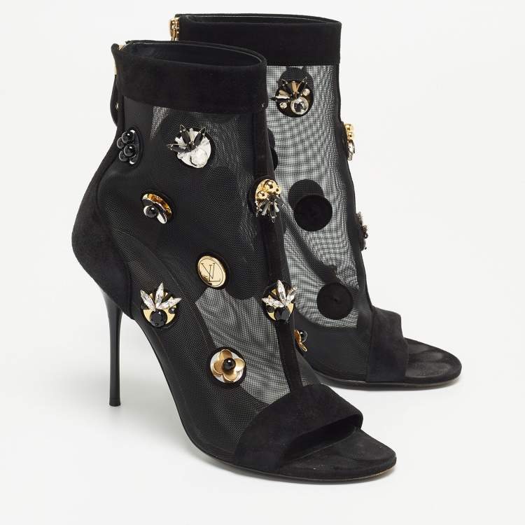 Pre Owned Louis Vuitton Black Mesh and Suede Embellished Open Toe Booties Size 39