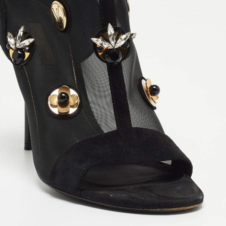 Pre Owned Louis Vuitton Black Mesh and Suede Embellished Open Toe Booties Size 39