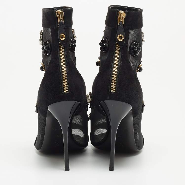 Pre Owned Louis Vuitton Black Mesh and Suede Embellished Open Toe Booties Size 39