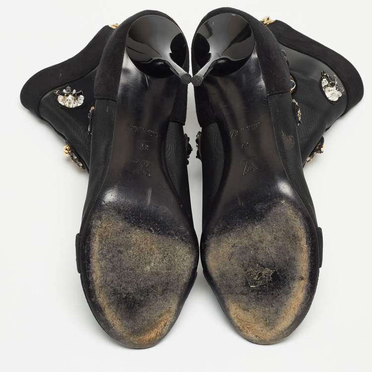 Pre Owned Louis Vuitton Black Mesh and Suede Embellished Open Toe Booties Size 39