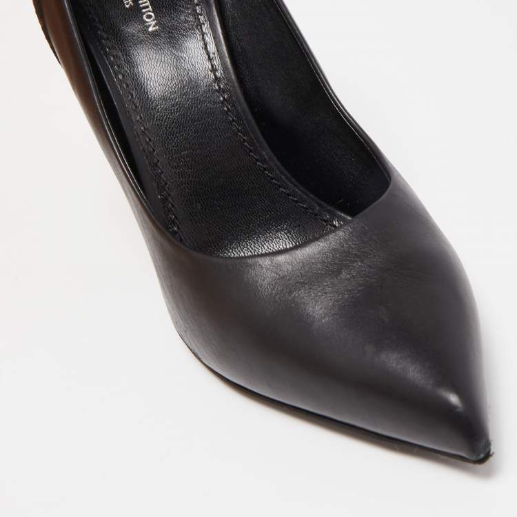 Pre Owned Louis Vuitton Black/Brown Leather and Monogram Canvas Pointed Toe Block Heel Pumps Size 38.5