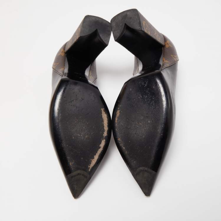 Pre Owned Louis Vuitton Black/Brown Leather and Monogram Canvas Pointed Toe Block Heel Pumps Size 38.5