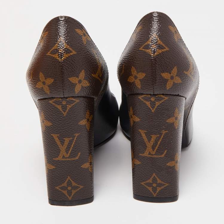 Pre Owned Louis Vuitton Black/Brown Leather and Monogram Canvas Pointed Toe Block Heel Pumps Size 38.5