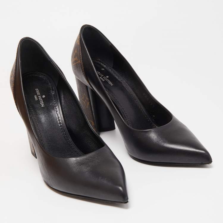 Pre Owned Louis Vuitton Black/Brown Leather and Monogram Canvas Pointed Toe Block Heel Pumps Size 38.5