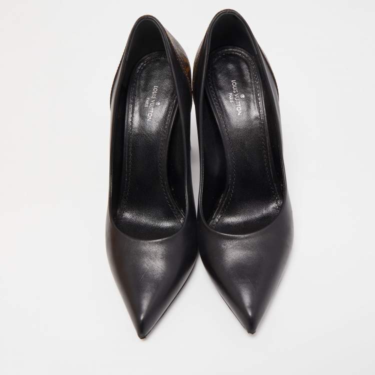 Pre Owned Louis Vuitton Black/Brown Leather and Monogram Canvas Pointed Toe Block Heel Pumps Size 38.5