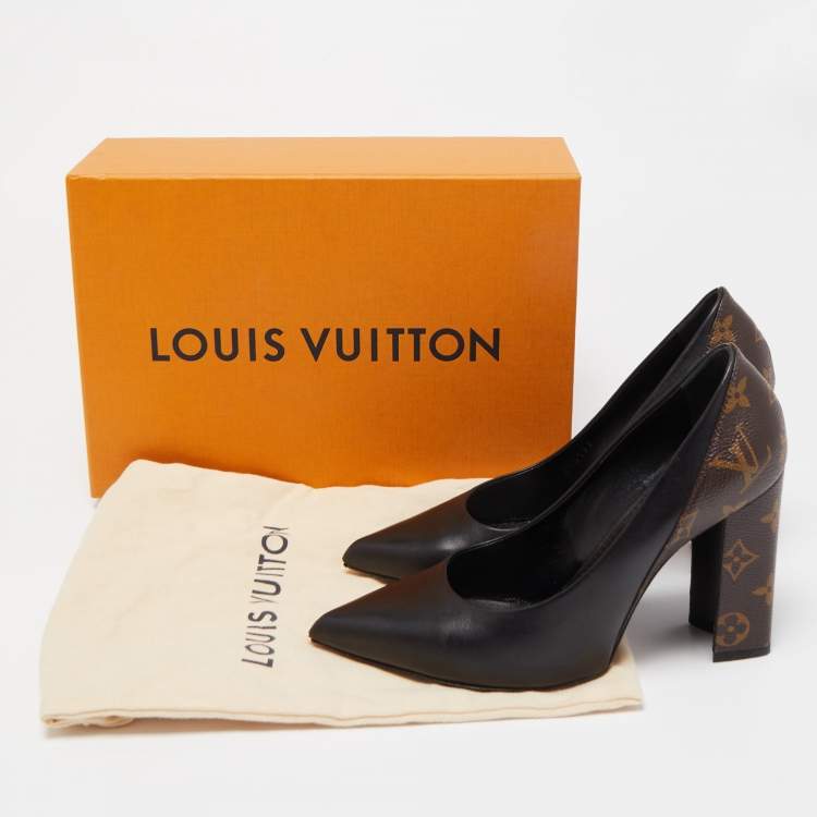 Pre Owned Louis Vuitton Black/Brown Leather and Monogram Canvas Pointed Toe Block Heel Pumps Size 38.5