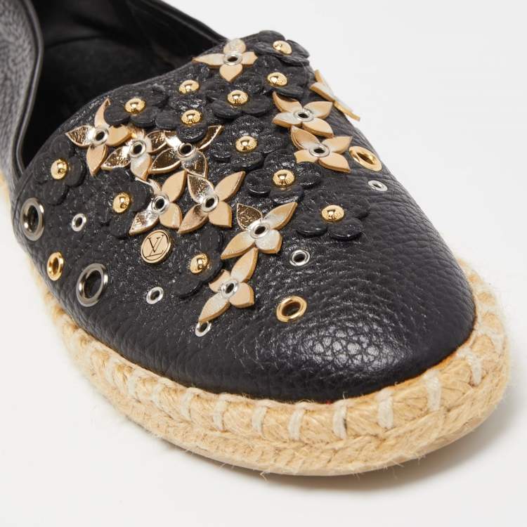 Pre Owned Louis Vuitton Black Leather Tropical Bloom Espadrille Flats Size 37.5