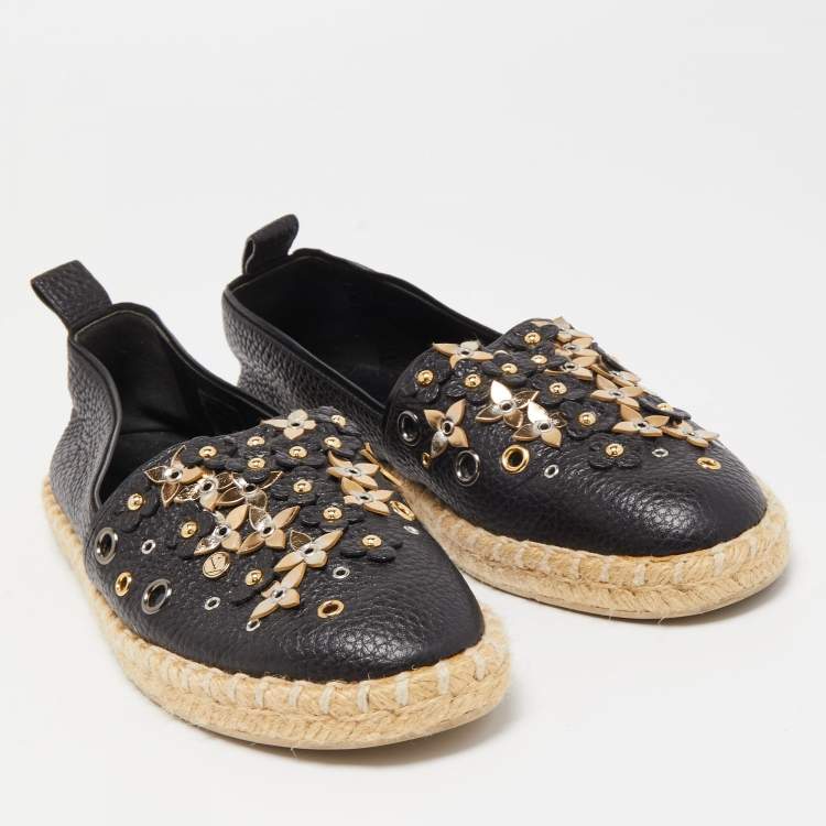 Pre Owned Louis Vuitton Black Leather Tropical Bloom Espadrille Flats Size 37.5