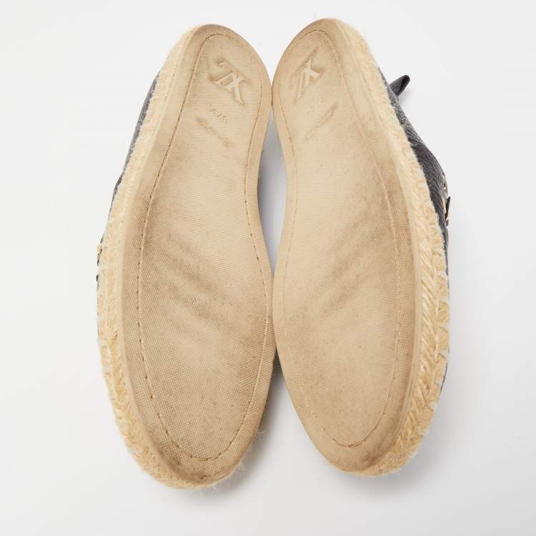 Pre Owned Louis Vuitton Black Leather Tropical Bloom Espadrille Flats Size 37.5