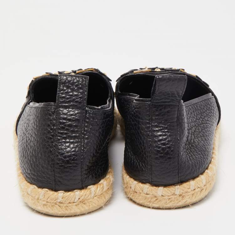 Pre Owned Louis Vuitton Black Leather Tropical Bloom Espadrille Flats Size 37.5