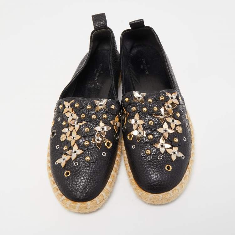 Pre Owned Louis Vuitton Black Leather Tropical Bloom Espadrille Flats Size 37.5