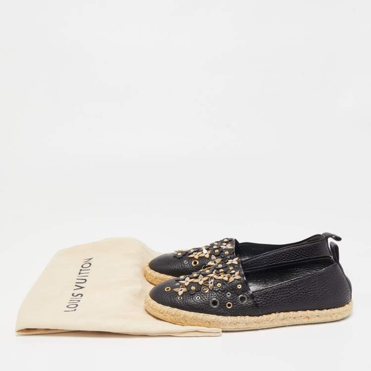 Pre Owned Louis Vuitton Black Leather Tropical Bloom Espadrille Flats Size 37.5