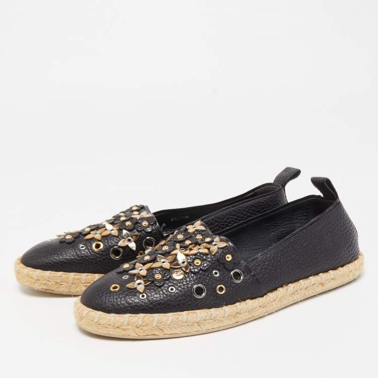 Pre Owned Louis Vuitton Black Leather Tropical Bloom Espadrille Flats Size 37.5