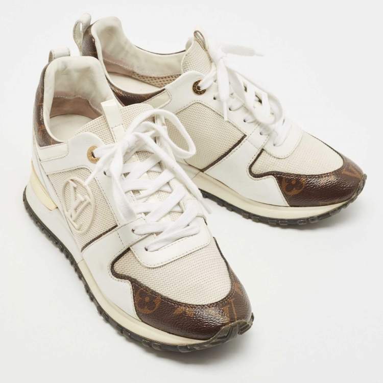 Pre Owned Louis Vuitton White Leather, Mesh and Monogram Canvas Run Away Sneakers Size 37.5