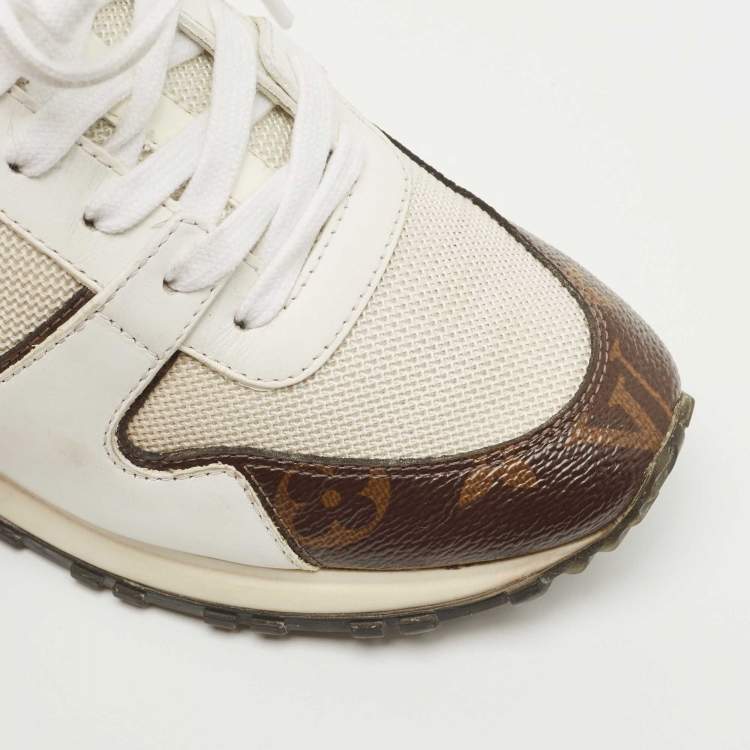 Pre Owned Louis Vuitton White Leather, Mesh and Monogram Canvas Run Away Sneakers Size 37.5