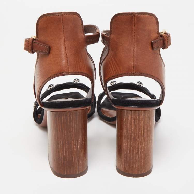 Pre Owned Louis Vuitton Black/Brown Leather and Suede Ankle Strap Sandals Size 39.5