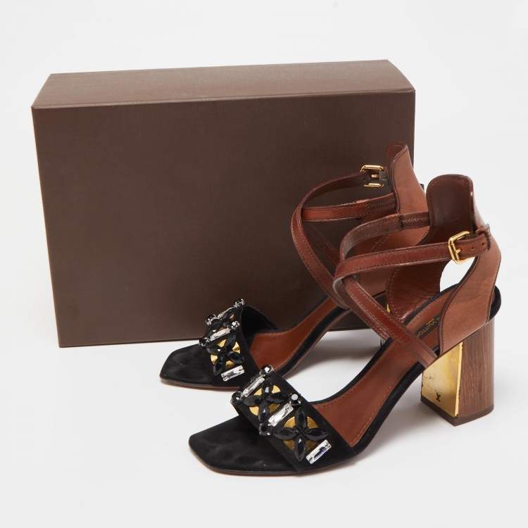 Pre Owned Louis Vuitton Black/Brown Leather and Suede Ankle Strap Sandals Size 39.5